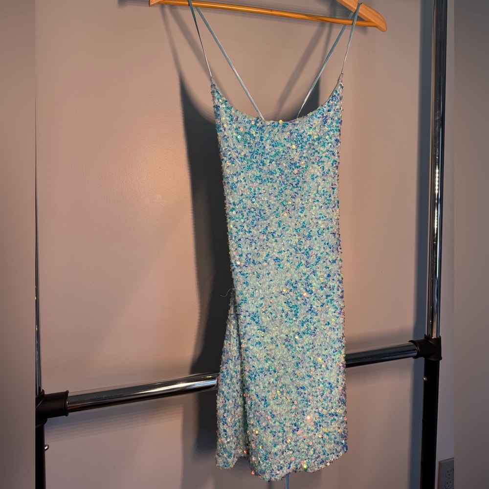 B Darlin Strappy Light Blue Sequin Mini Dress